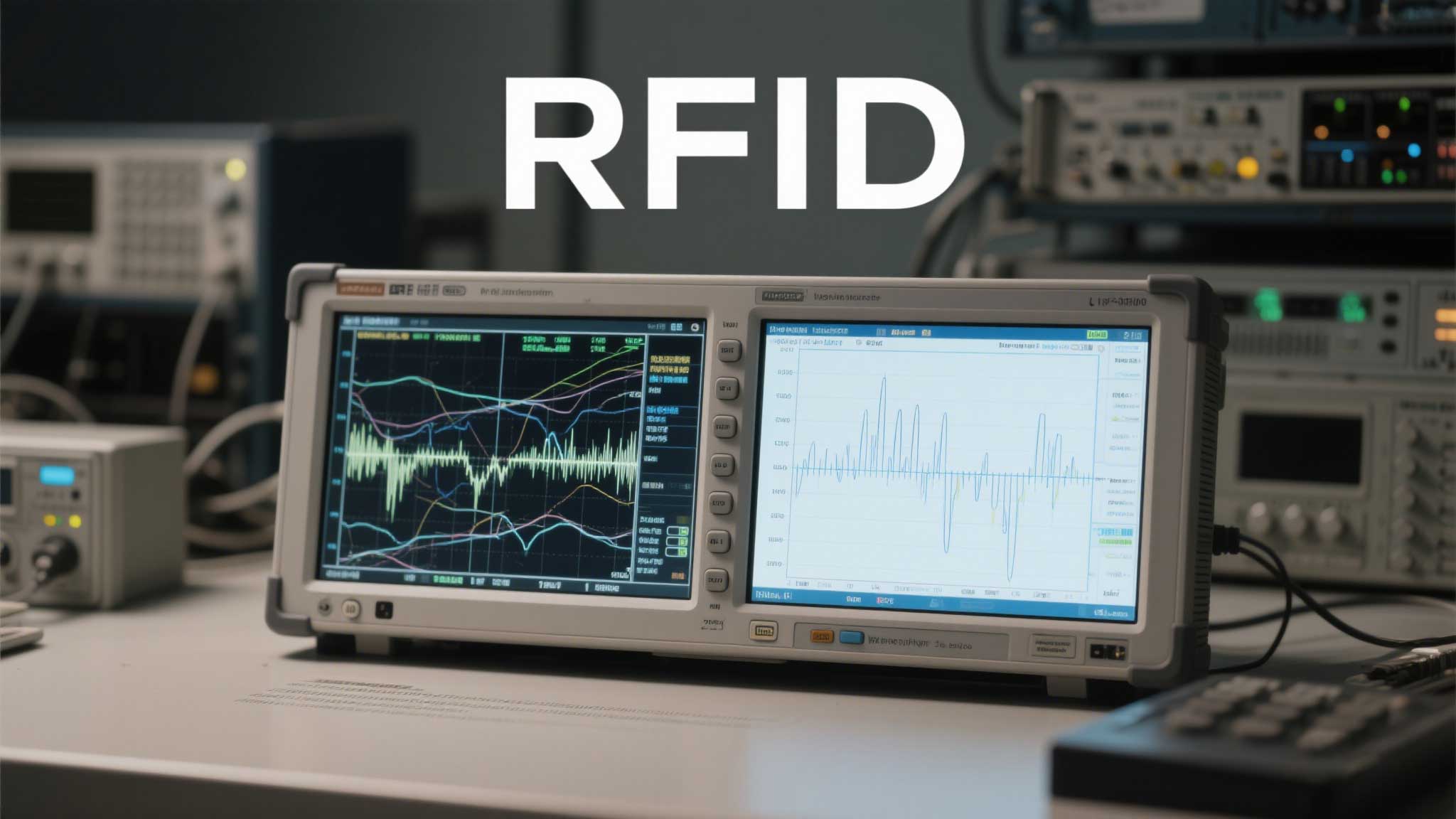 Side-by-side RFID spectrum analyzer screenshots: one showing noise chaos, the other after Wi-Fi router repositioning.