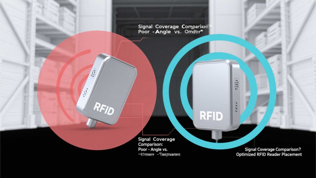 Signal coverage comparison: poorly angled vs. optimized RFID reader placement.