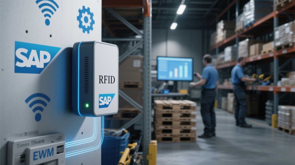 cykeo RFID reader auto-updating SAP inventory dashboard in a warehouse.