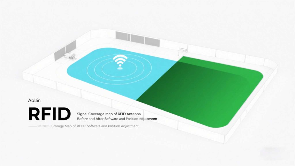 The signal coverage map of the rfid antenna before and after software and position adjustment.