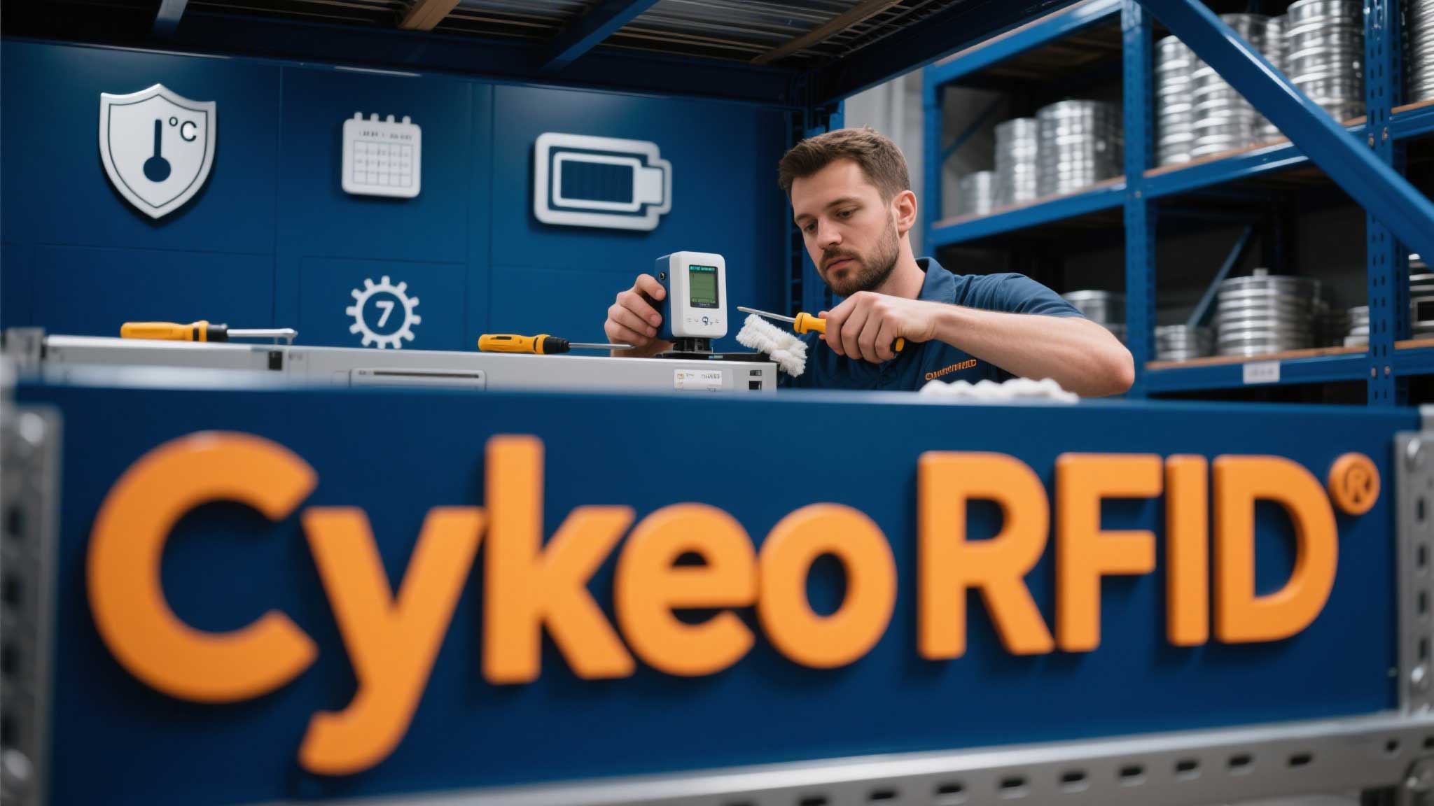 Technician inspecting a Cykeo RFID reader mounted in a warehouse, with tools and a maintenance checklist.