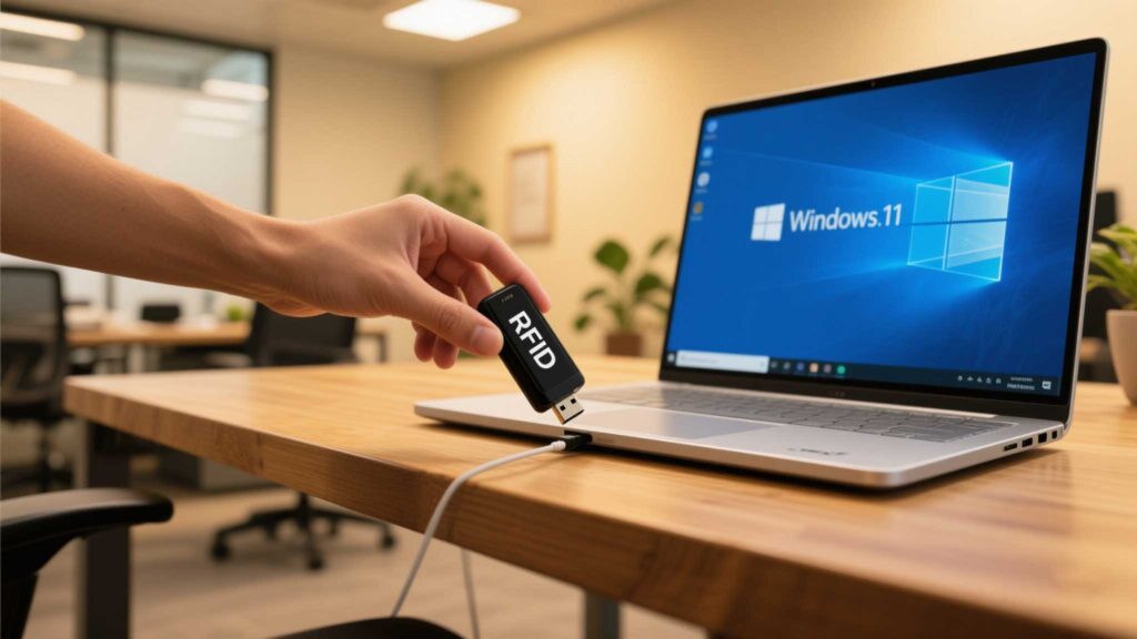 Hand plugging a USB RFID reader into a laptop running Windows 11.