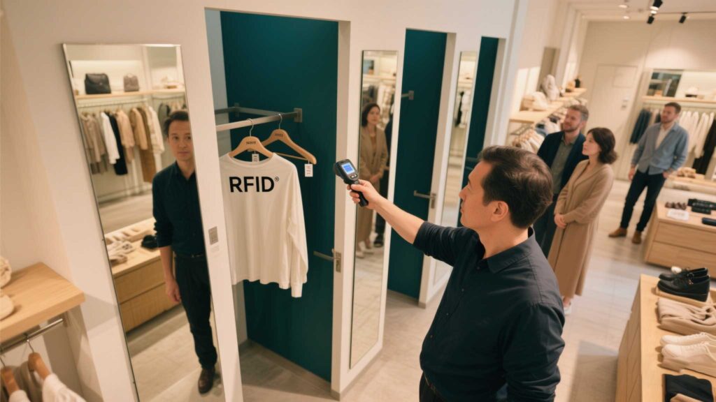 Small boutique owner scanning RFID-tagged clothing racks.