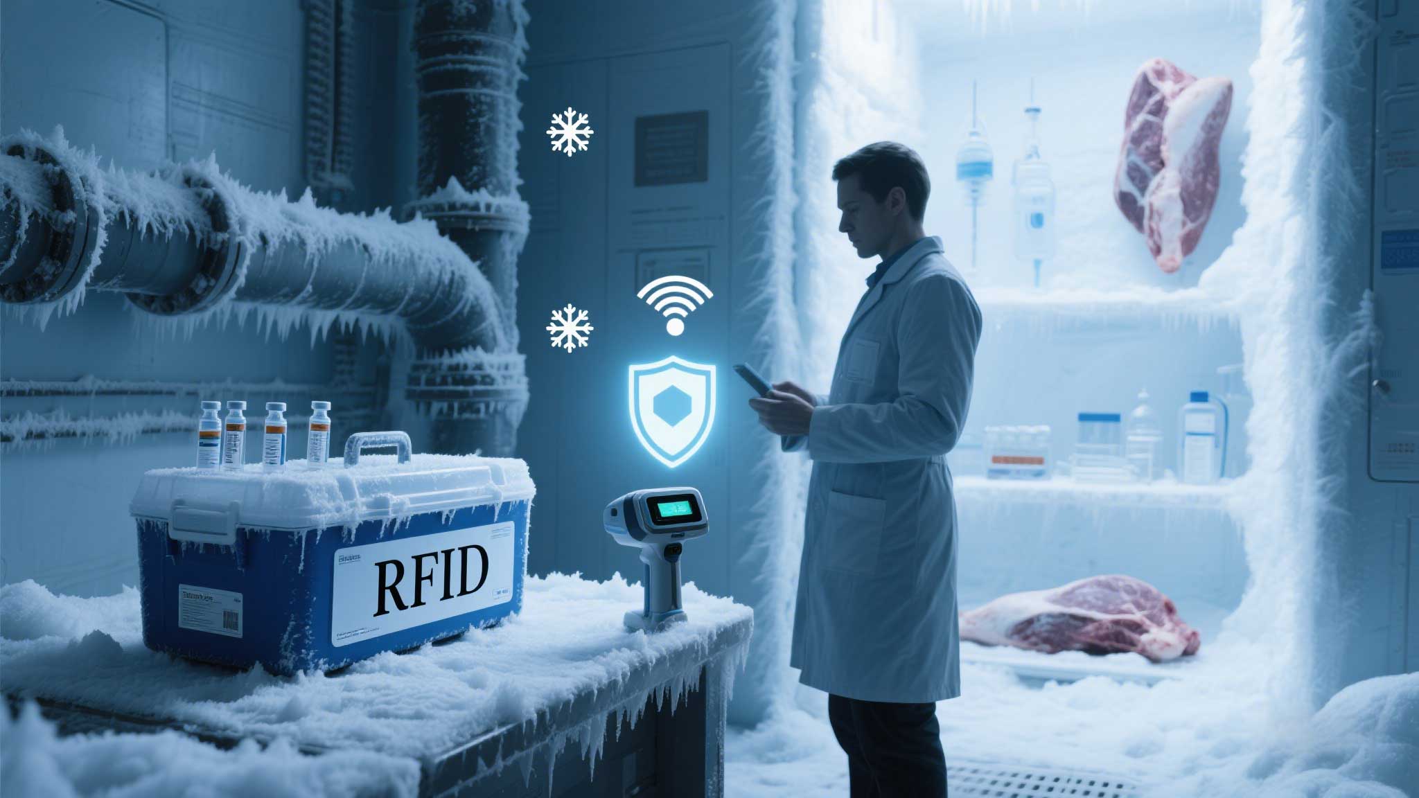 cykeo RFID tags vaccine pallets in a -80°C freezer with a handheld scanner.
