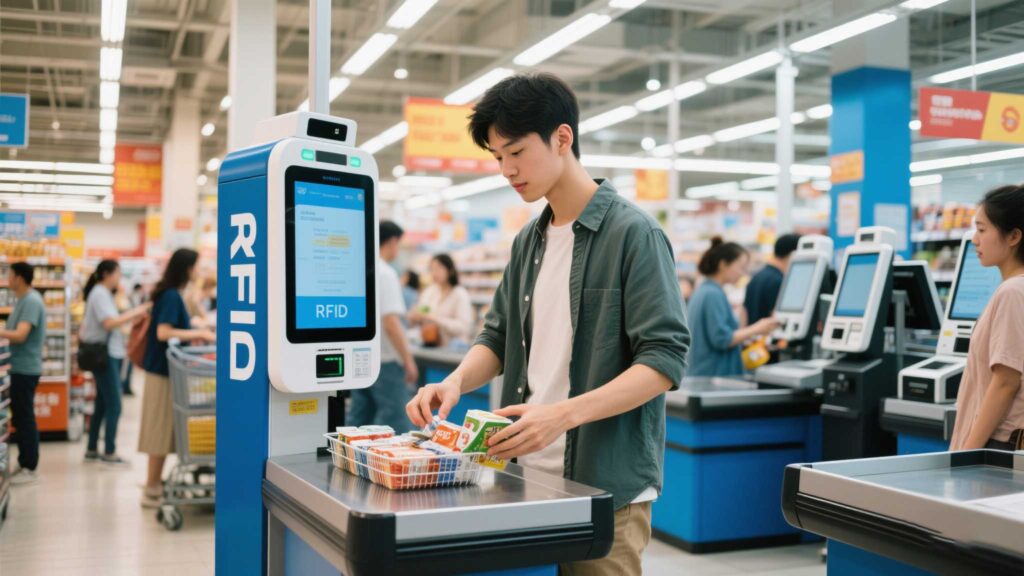 Customer using a self-checkout kiosk with RFID bulk scanning