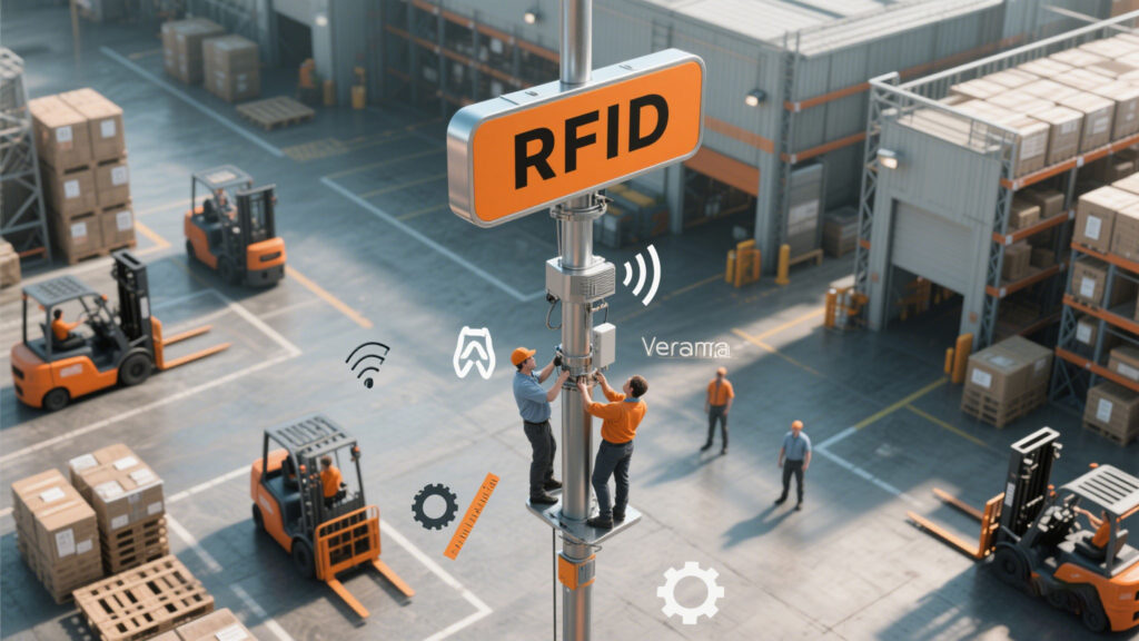 Technician installing a directional RFID antenna in an industrial yard.