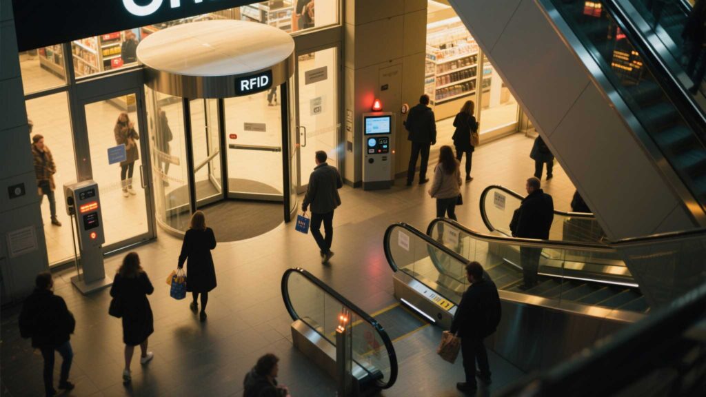 Store entrance with RFID gate alarms and dashboard alerts.