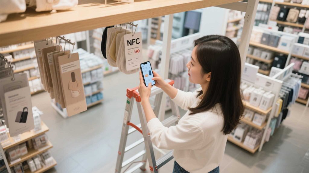 Retail customer tapping phone to NFC tag for product info.