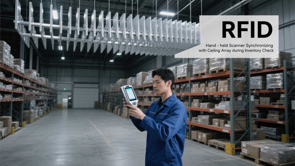 Handheld scanner syncing with ceiling arrays during a stock check.