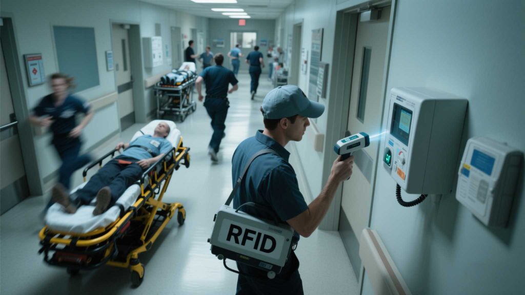 Technician locating an RFID-tagged defibrillator in an emergency department.
