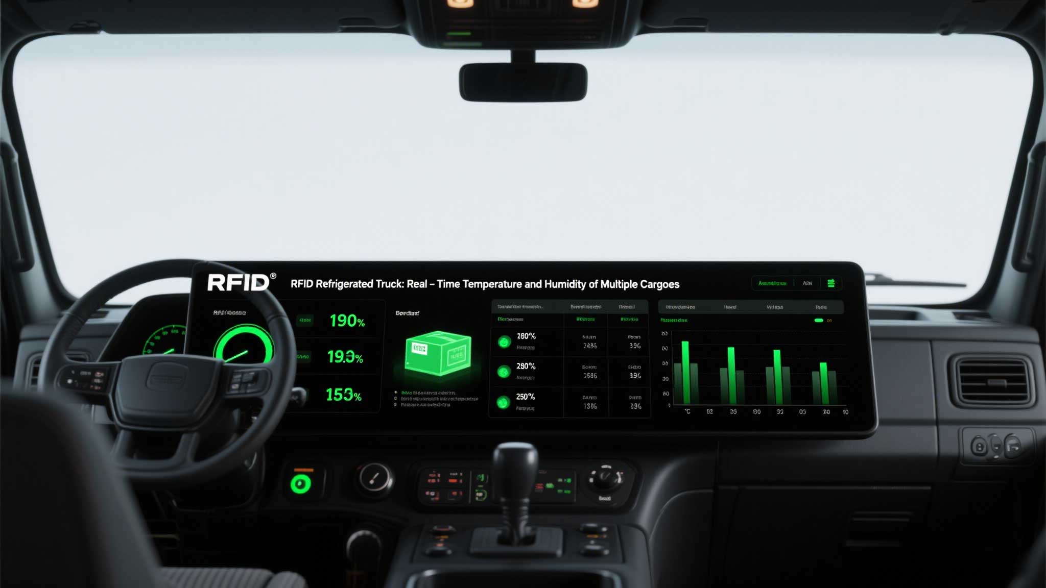 The dashboard on the rfid refrigerated truck displays the real-time temperature and humidity of multiple batches of goods.
