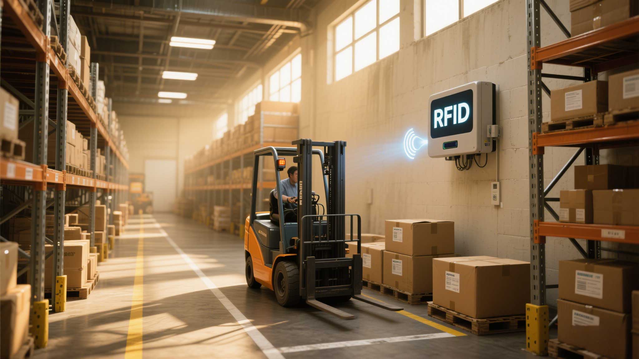 A busy warehouse with metal shelves, forklifts, and a UHF RFID reader mounted high on a wall scanning tagged boxes below.