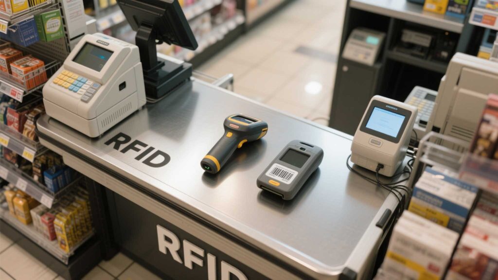 Side-by-side comparison of a handheld RFID scanner and barcode scanner