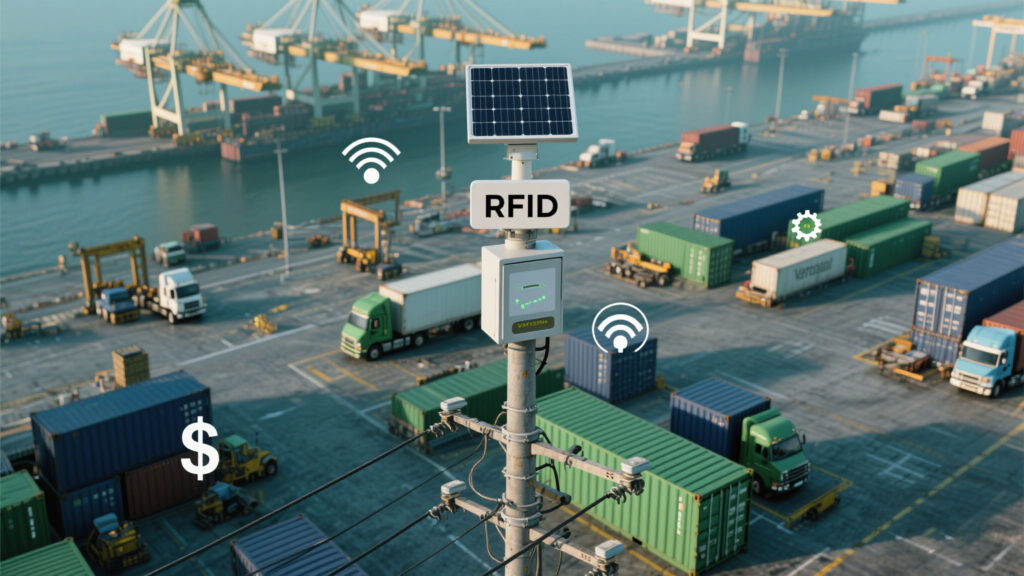 Cykeo reader mounted on a solar-powered pole, tracking containers.