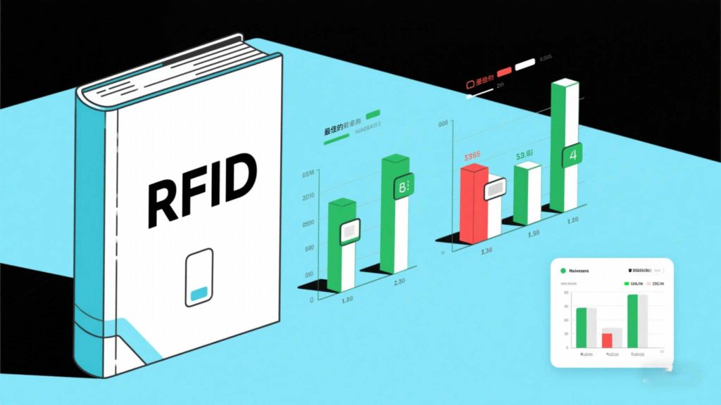 Diagram showing optimal vs. poor RFID tag placement on books.