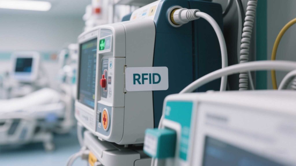 Close-up of a medical RFID tag on a defibrillator.