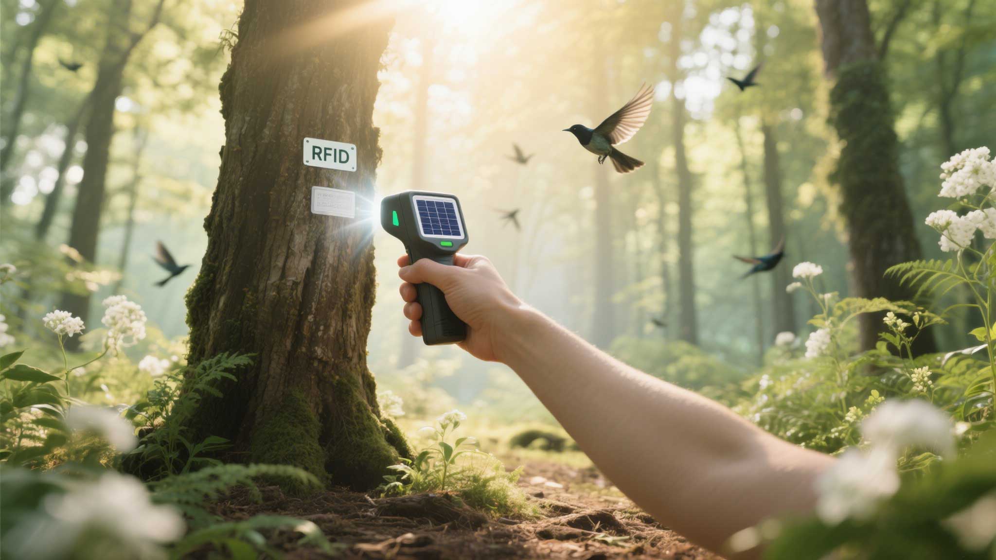 A handheld RFID reader with a solar panel attachment scanning a tree tag in a sunny, remote forest.