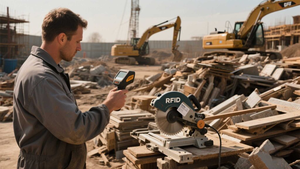 Construction worker scanning RFID-tagged tools on a job site.