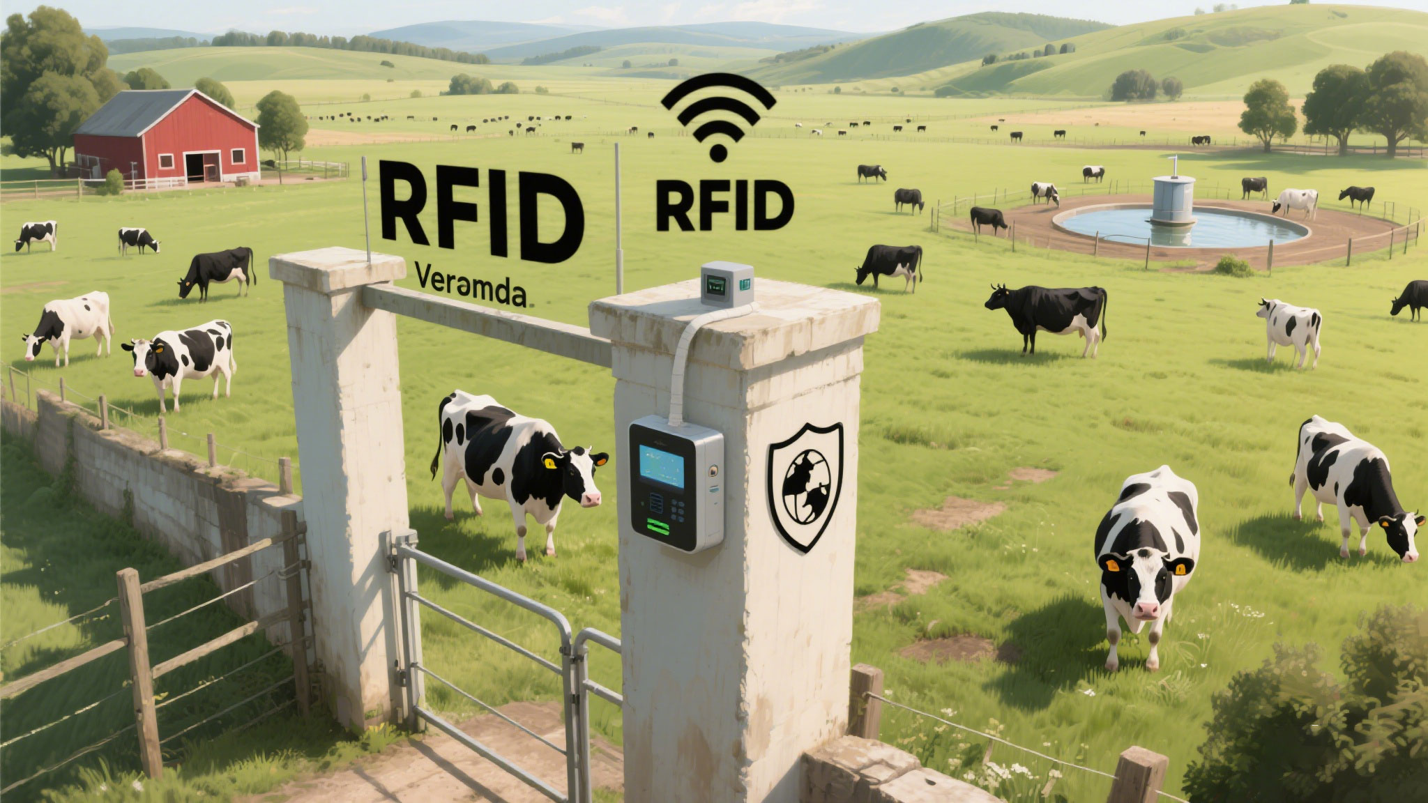 Cykeo reader mounted on a gatepost, scanning a cow’s UHF ear tag.