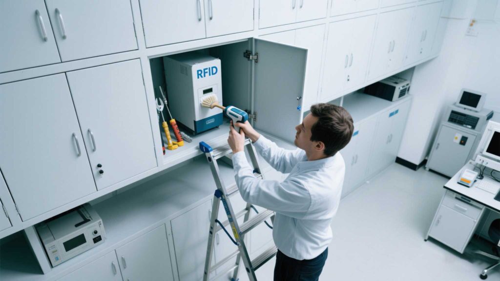 Technician cleaning and inspecting a handheld RFID scanner.