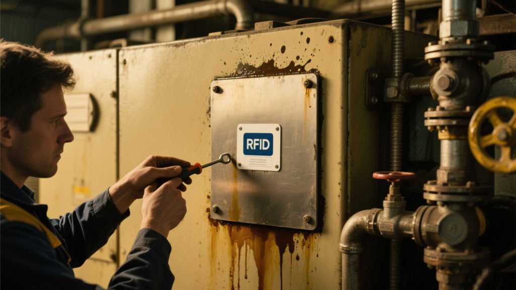 RFID tag mounted on a greasy metal machine part in a factory.