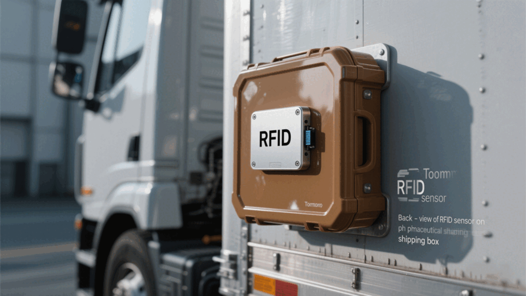 RFID sensor module attached to a pharmaceutical shipment box.