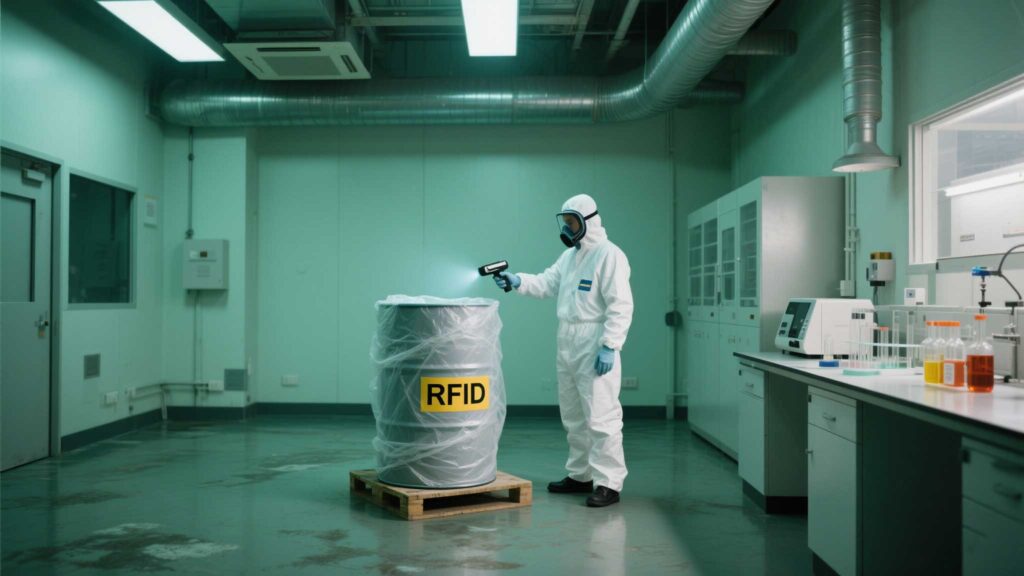 Technician scanning RFID-tagged chemical barrels in a hazmat suit.