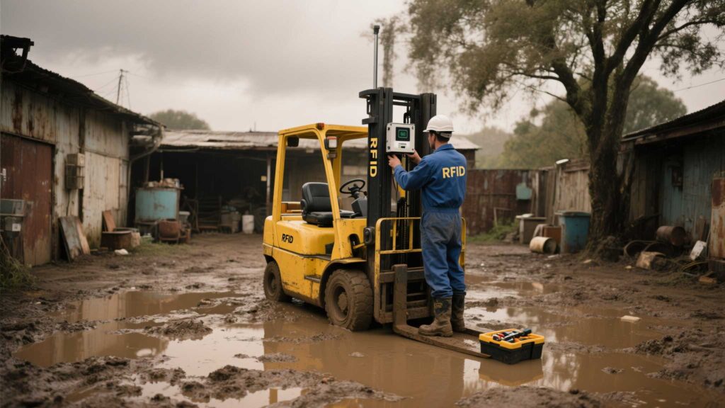 Technician installing a rugged RFID reader on a forklift in a muddy yard.