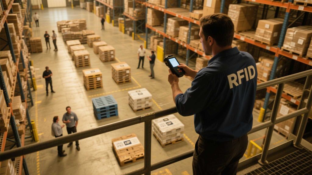 Workers in the warehouse use handheld rfid scanners to scan rfid tags on distant pallets.