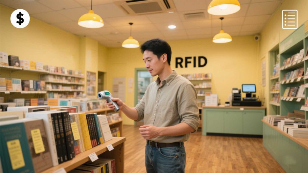 Small business owner scanning RFID-tagged products in a cozy retail store.