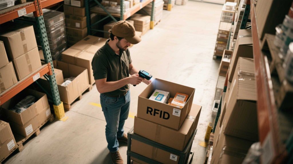 Small business owner scanning RFID-tagged products in a cozy retail store.