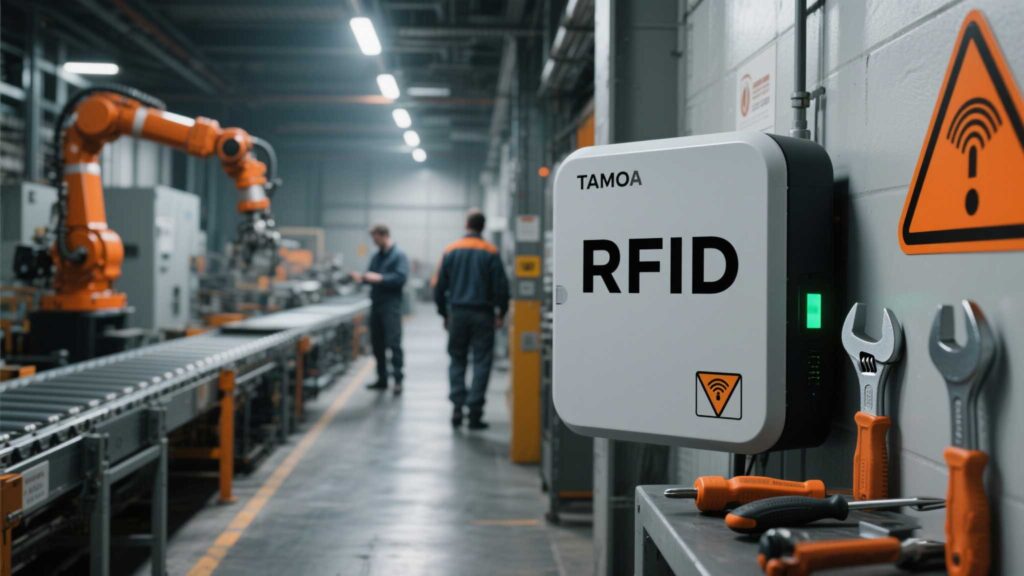 Technician troubleshooting an RFID reader on a factory floor.