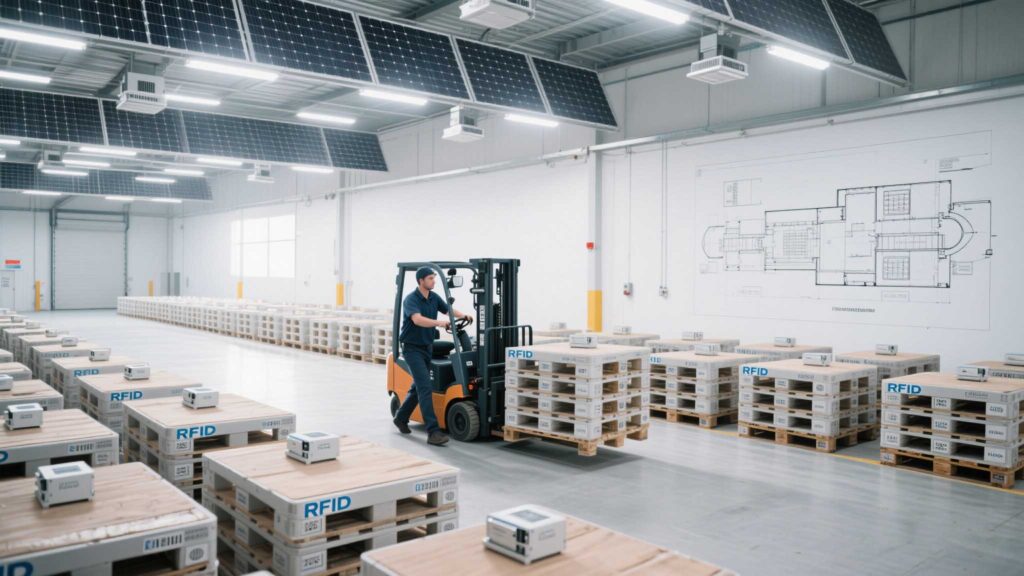 RFID-tagged warehouse pallets with energy-harvesting modules in a solar-lit facility.