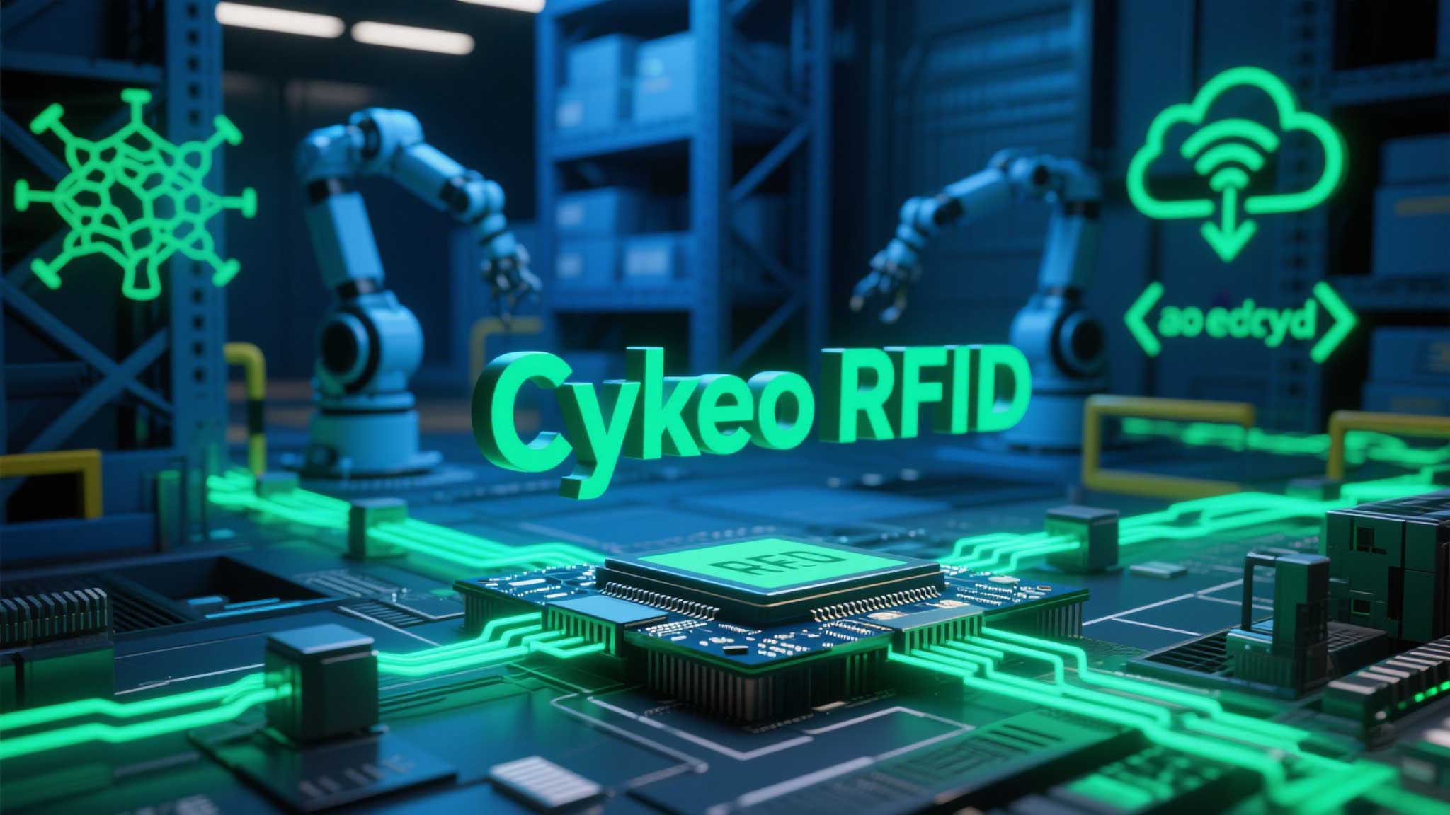 cykeo RFID module connected to an edge AI processor in a factory, with data streams and analytics visuals.