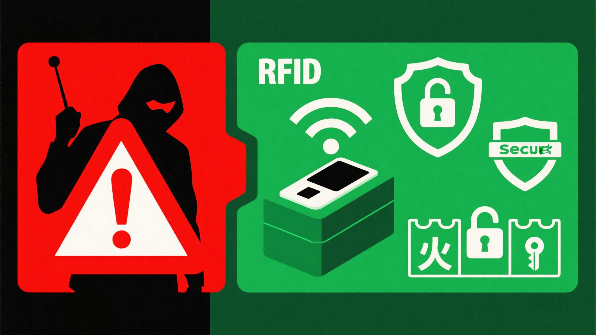 RFID reader emitting encrypted signal waves toward a shielded data vault.