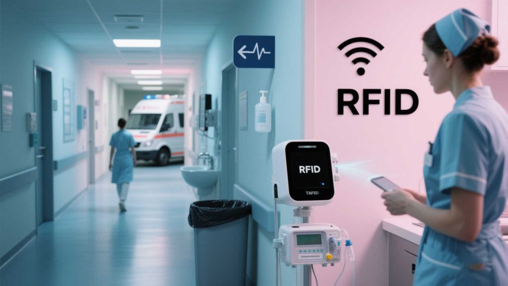 Nurse scanning RFID-tagged medical equipment in a hospital corridor.