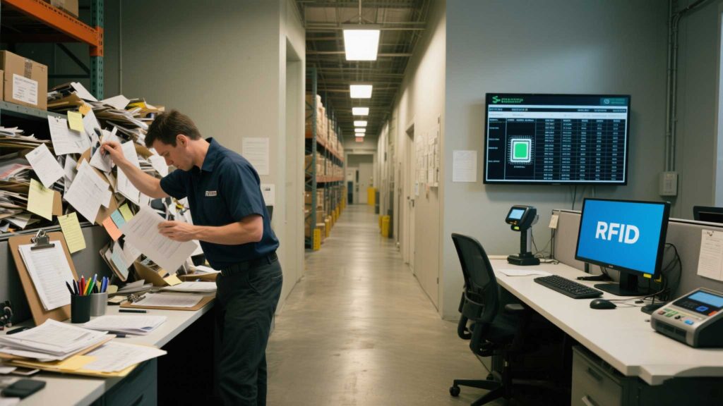Before/after workflow: cluttered clipboard vs. streamlined RFID scan logs.