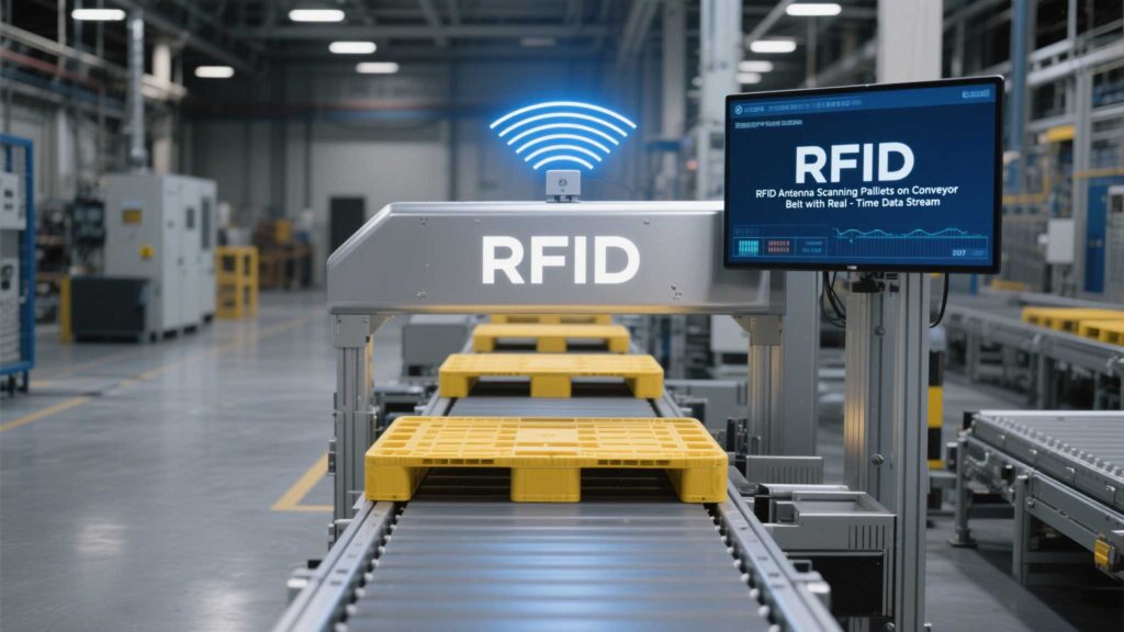 RFID antennas scanning pallets on a conveyor belt with real-time data flow.