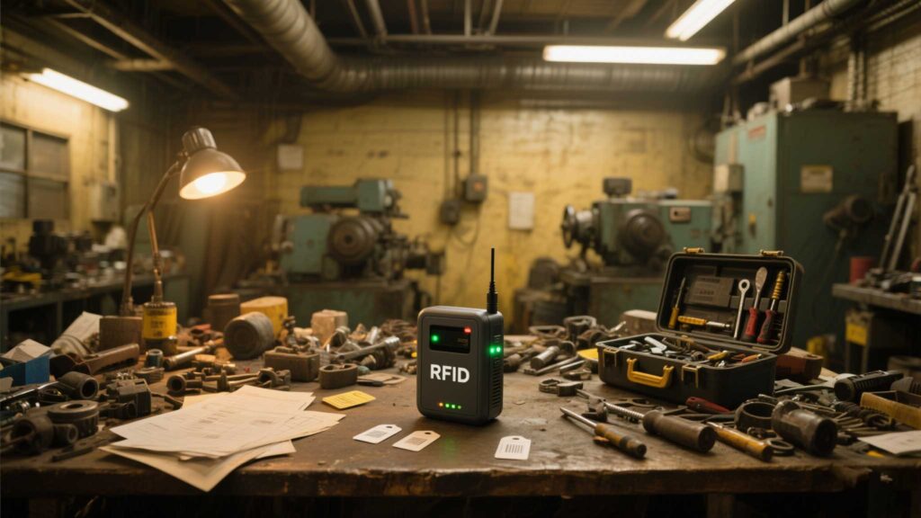 Compact RFID reader and tags on a cluttered workshop table.