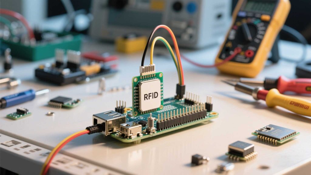 Close-up of RFID module wiring to Raspberry Pi GPIO pins.