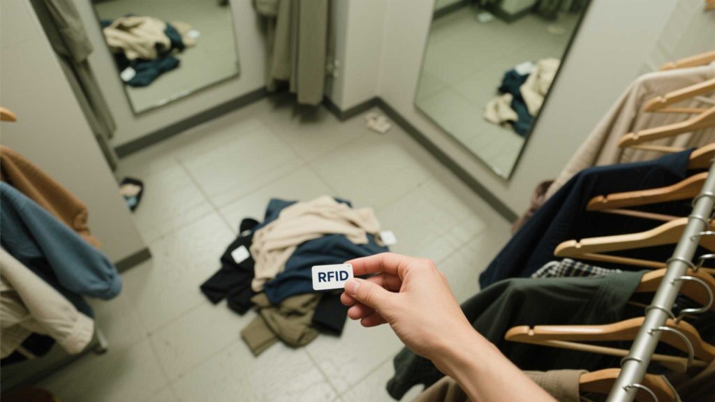 Hand holding an RFID tag removed from a garment tag.