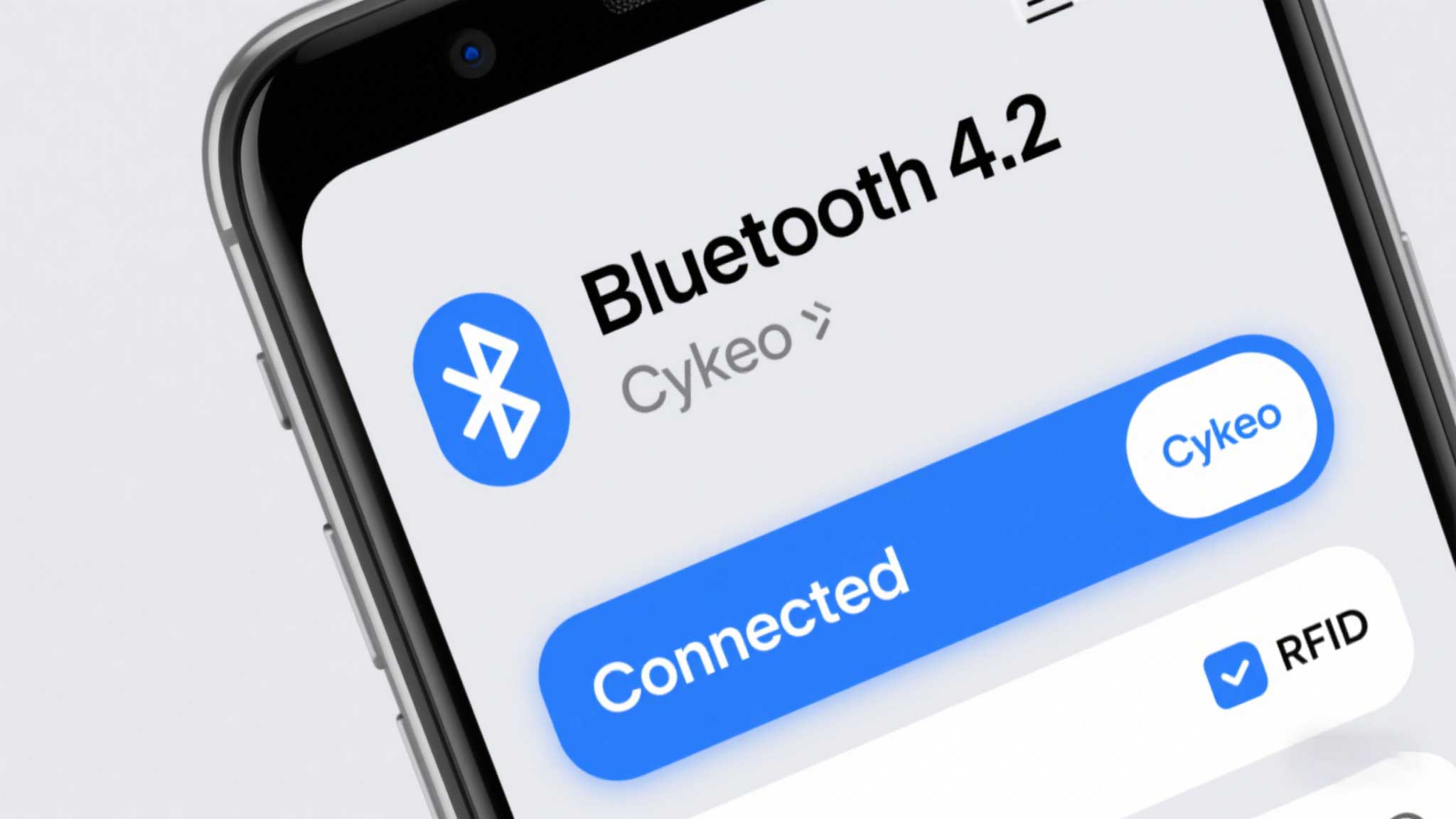 Screenshot of Android Bluetooth settings showing “Bluetooth 4.2” and “Connected” status to a Cykeo device.