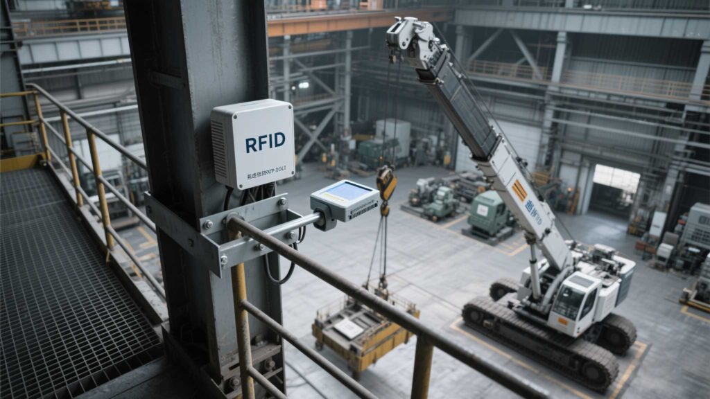 UHF RFID module scanning tagged machinery in a factory.
