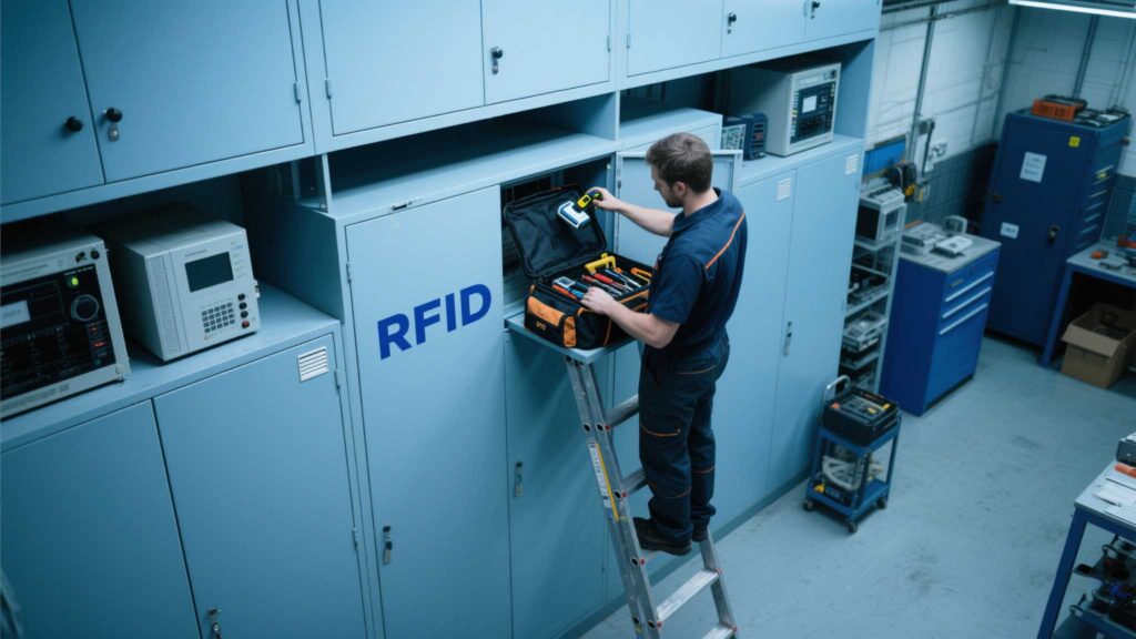 A technician diagnosing a handheld RFID scanner with a toolkit.