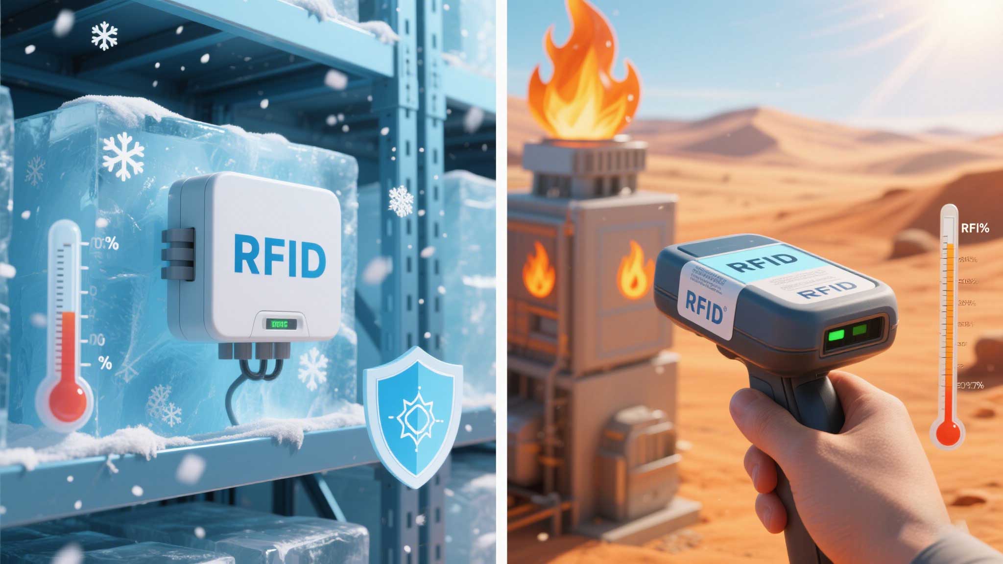 cykeo RFID reader functioning in split-screen extreme environments (blizzard vs. desert).