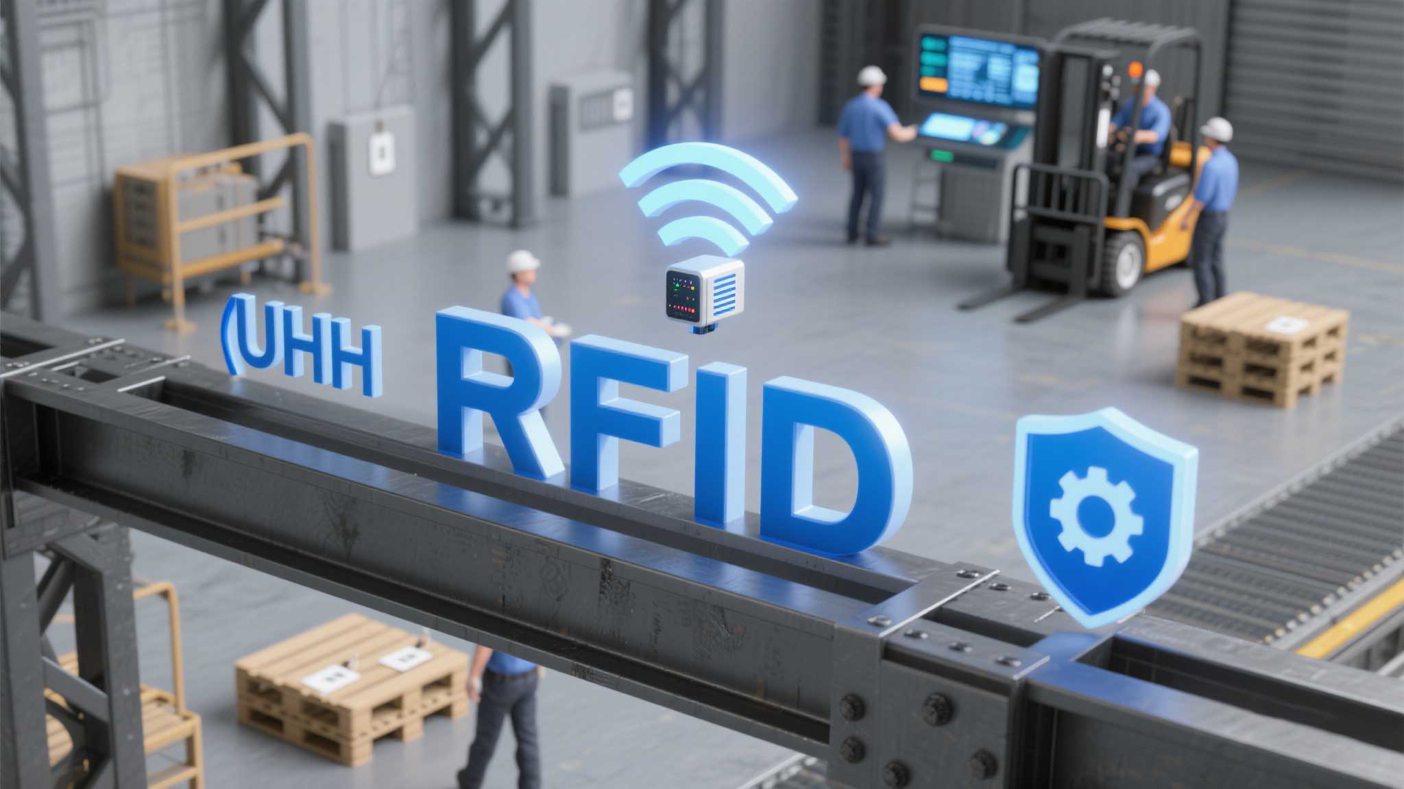 UHF RFID reader scanning tags in a factory with robotic arms and conveyor belts.