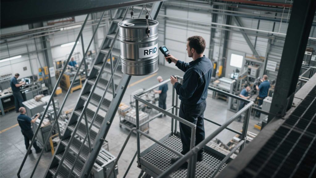 Workers use handheld rfid scanners to scan rfid tags on metal containers and thin walls.
