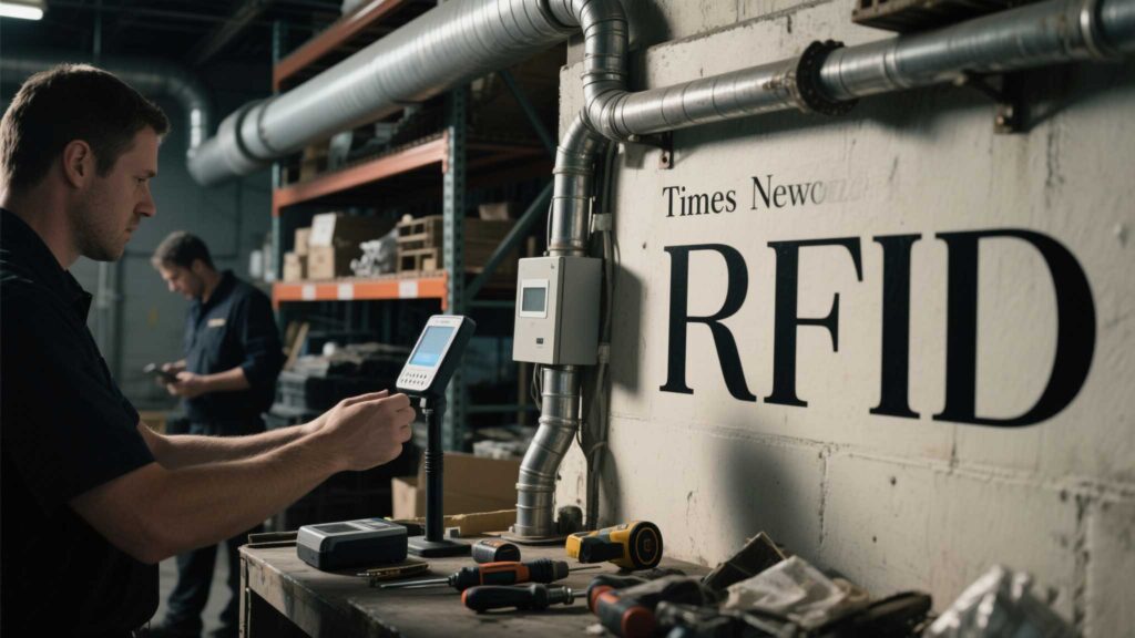 cykeo HF reader checking small tools in a metal storage bin (short-range).