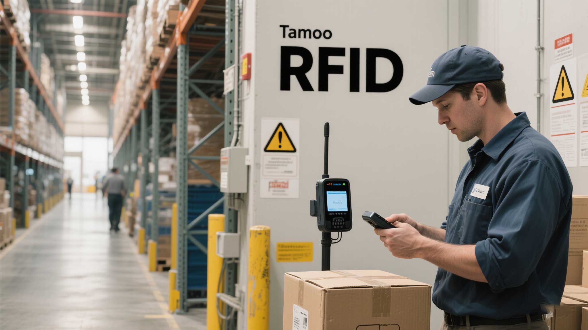 Small warehouse worker scanning boxes with a USB RFID reader.