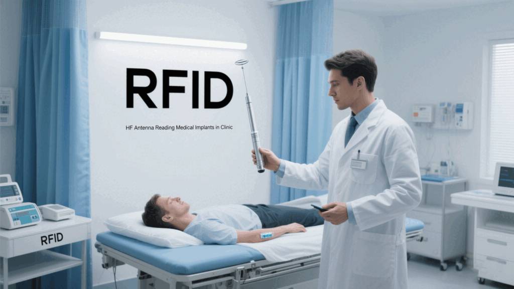 HF antenna reading medical implants in a clinic.